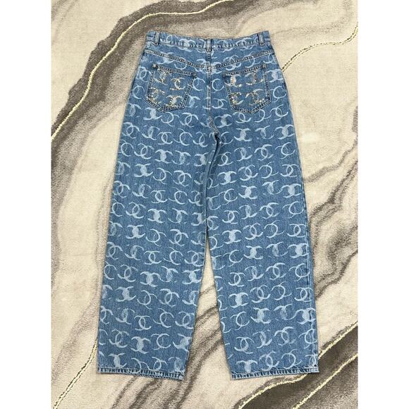 Chanel 23B Runway Light Blue Denim White CC Print Logo Baggy Oversized Jeans 34 - Picture 6 of 10
